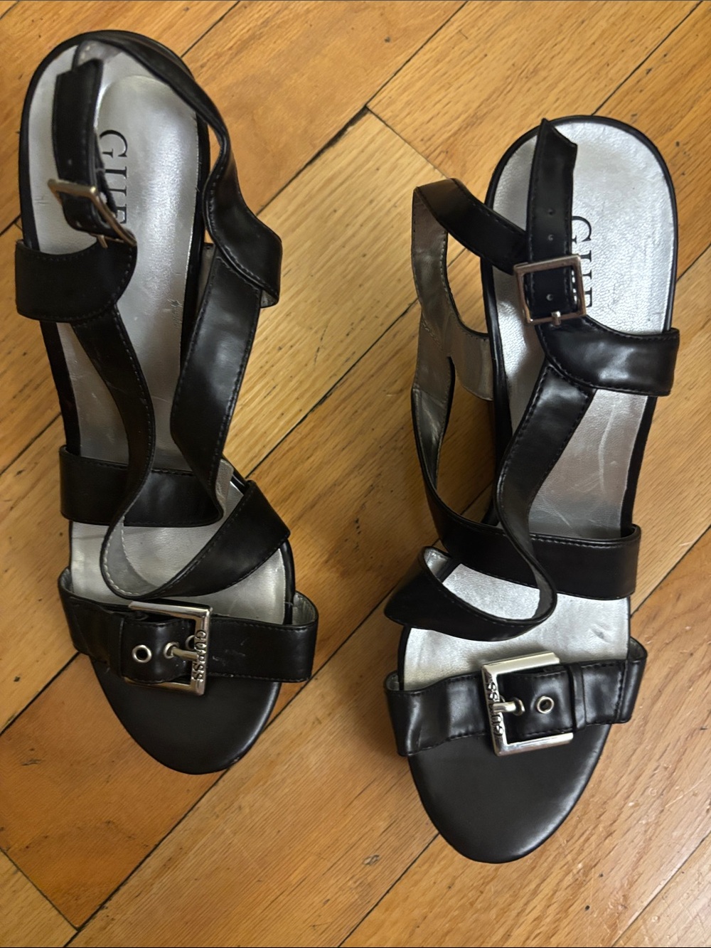 Guess Black Wedge Sandals with Silver Buckles - Picture 2 of 4